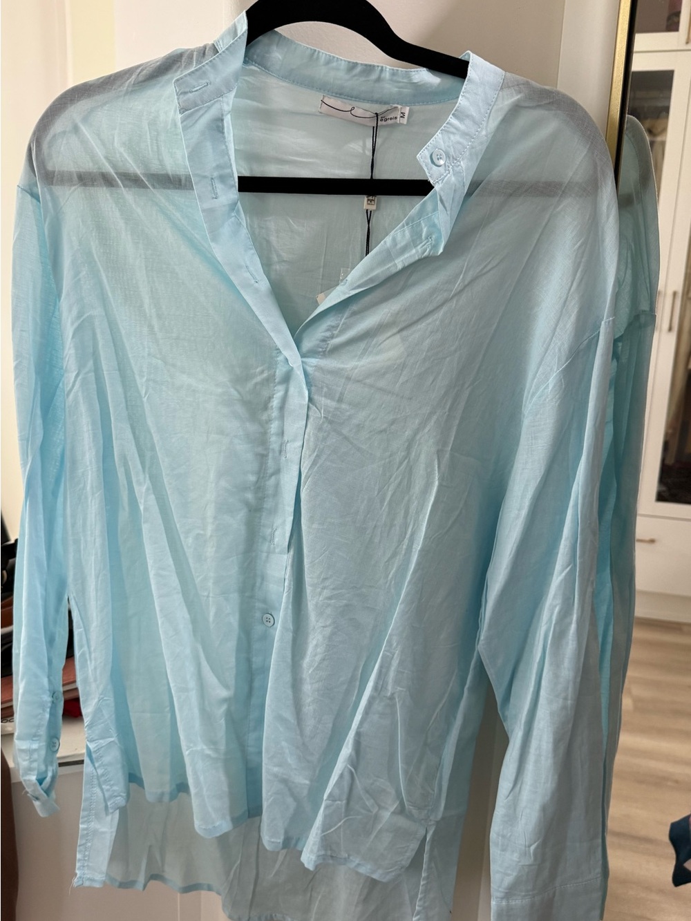 Light Blue Linen slighlty Sheer Button-Front Women's Top